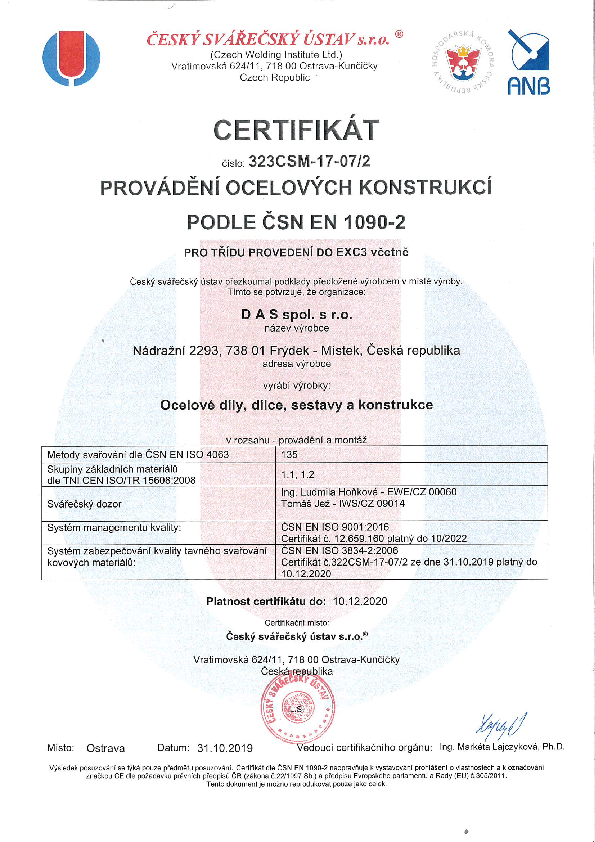 Certifikát provádení ocelových konstrukcí podle 1090-2ČSN EN