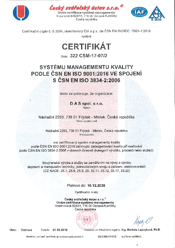 Certifikát systému managementu kvality