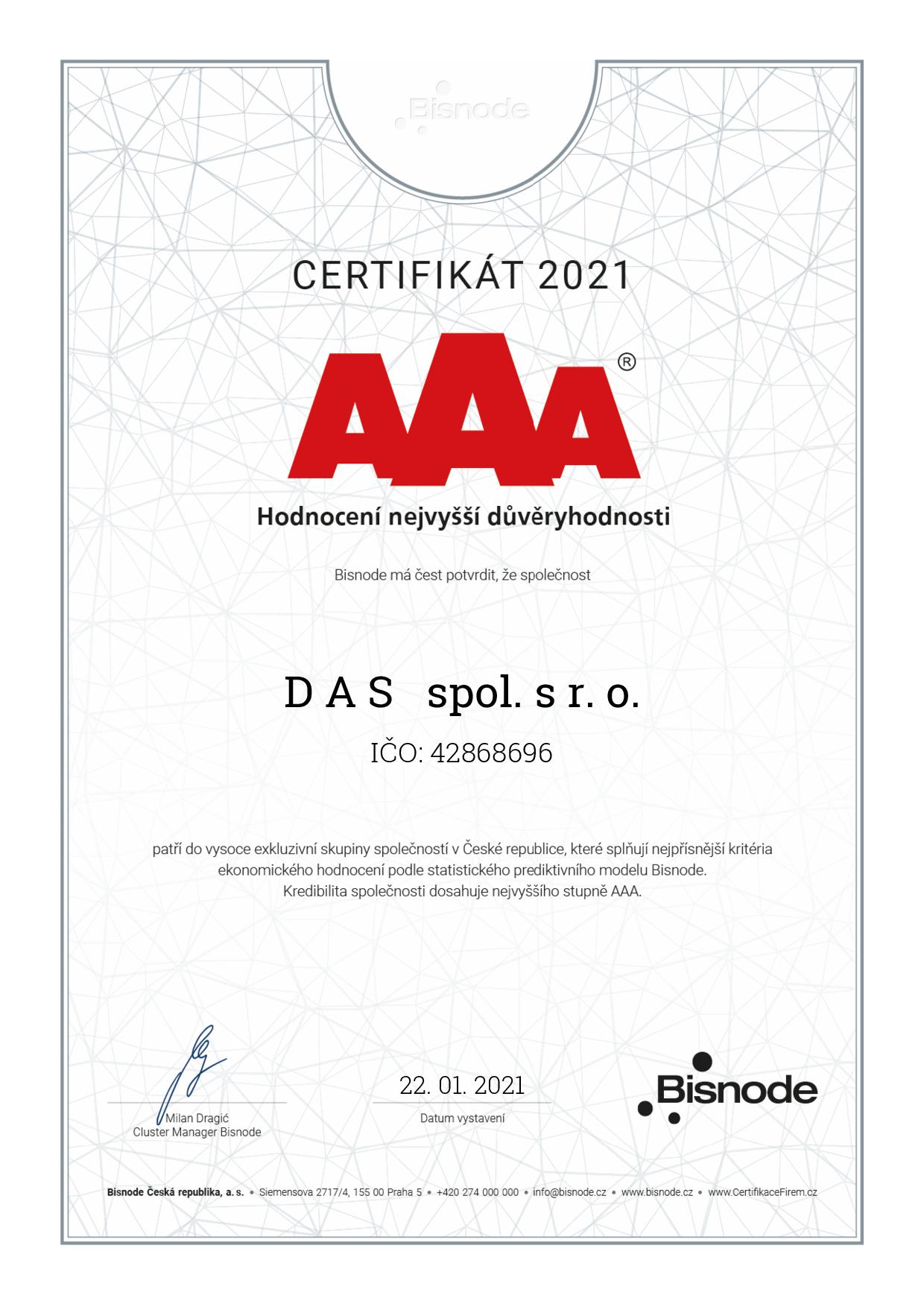 Certifikát Nejvyšší důvěryhodnosti AAA Bisnode