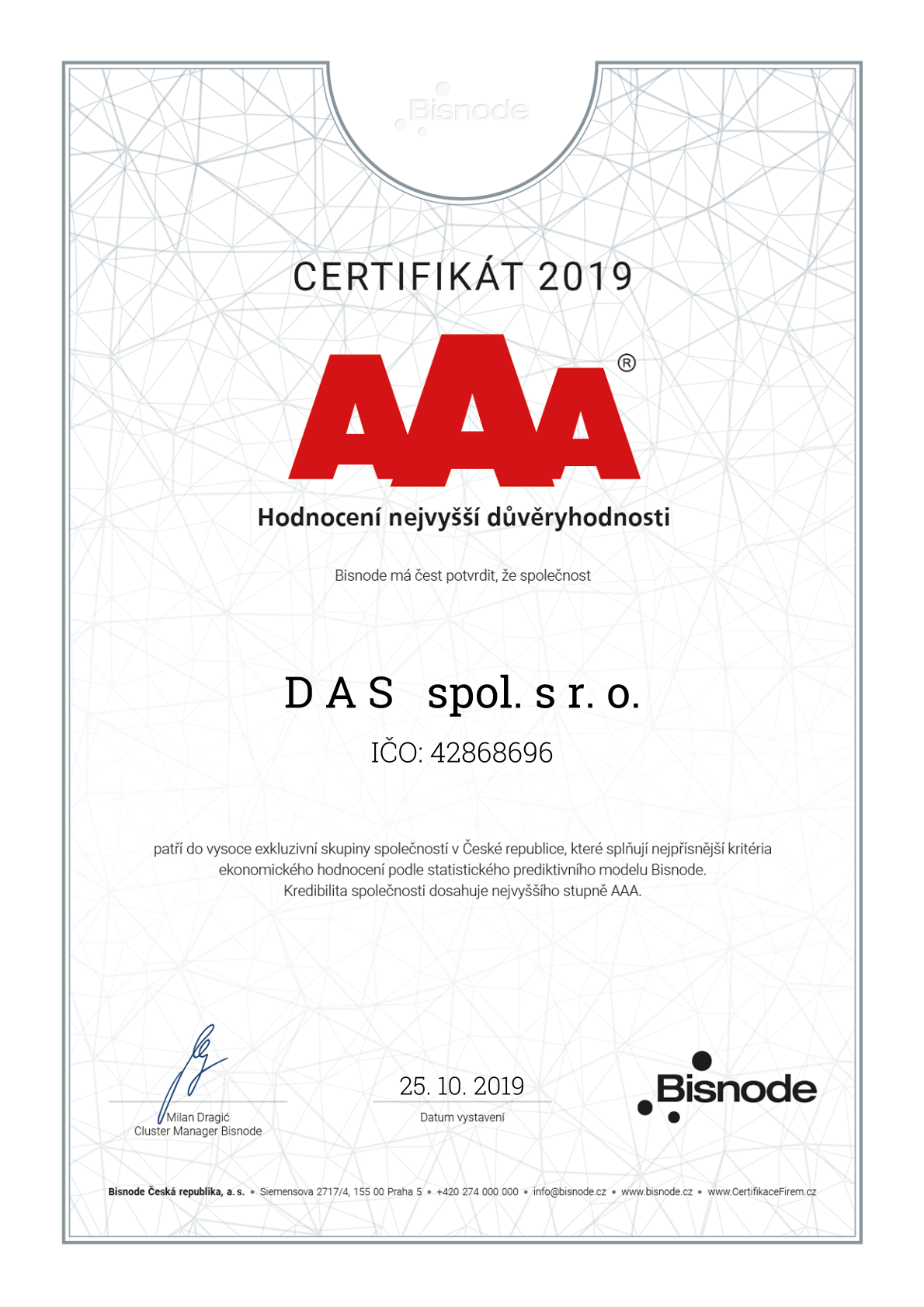 Certifikát Nejvyšší důvěryhodnosti AAA Bisnode pro DAS