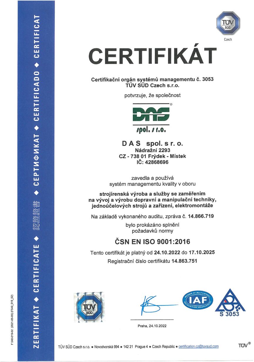 Certifikát systému managementu kvalitu v oboru strojírenksá výroba podle ČSN EN ISO 9001:2016